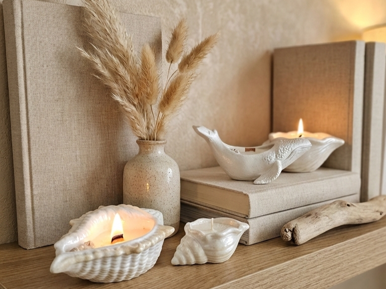 Natural soy wax candles in decorative shell holders on a wooden shelf, showcasing Why Natural Soy Wax Candles for home decor.