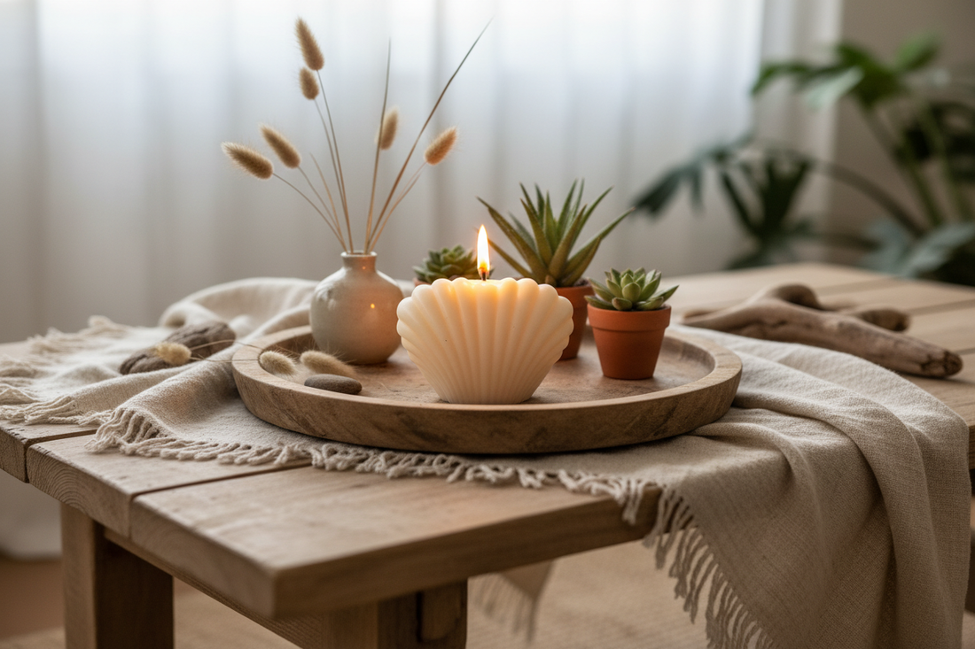 Decor & Aroma Candles on a wooden tray with plants and decorative elements in a cozy home atmosphere.