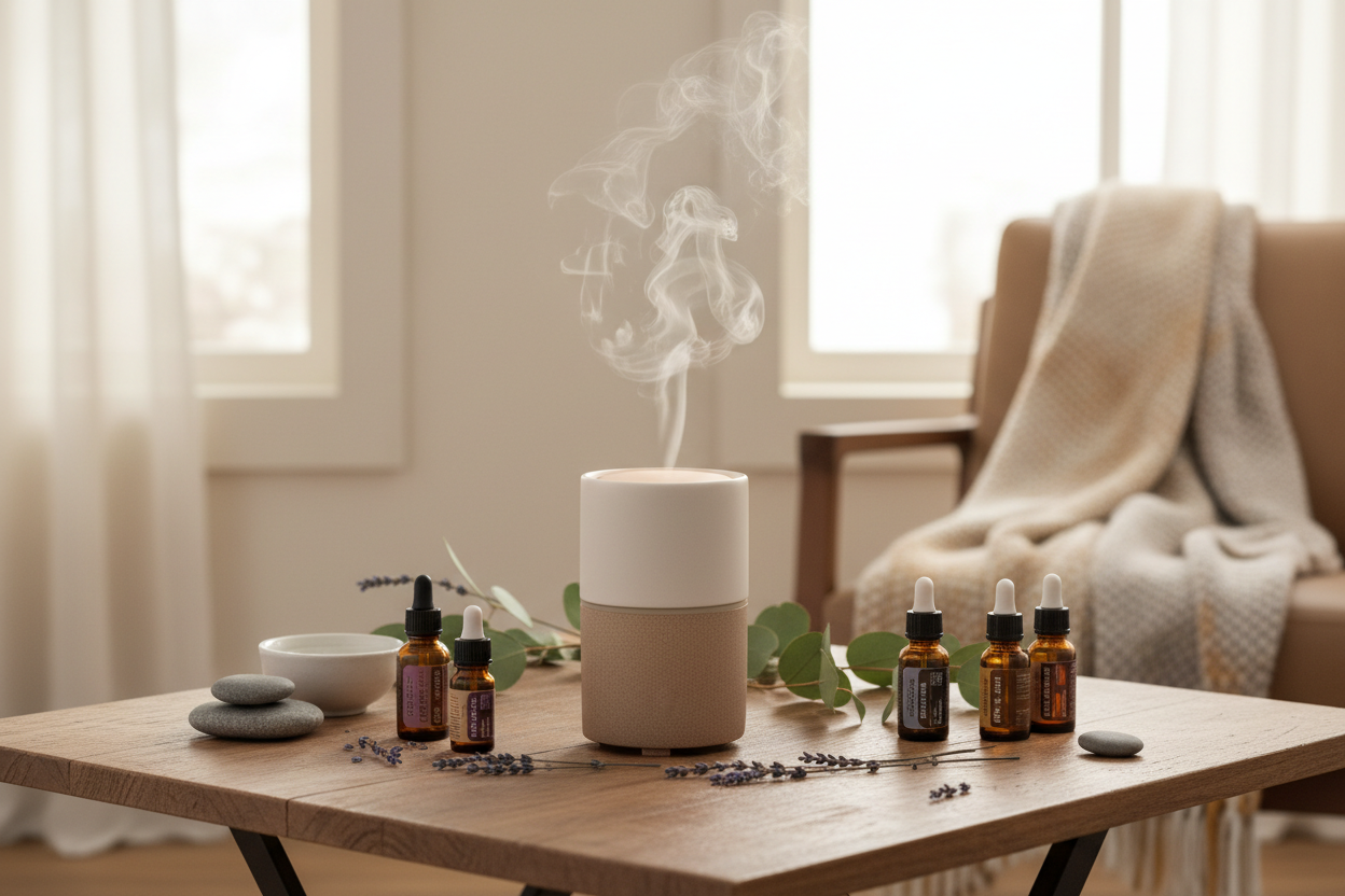 Home Aromatherapy setup with diffuser and essential oils on a wooden table, creating a cozy atmosphere.