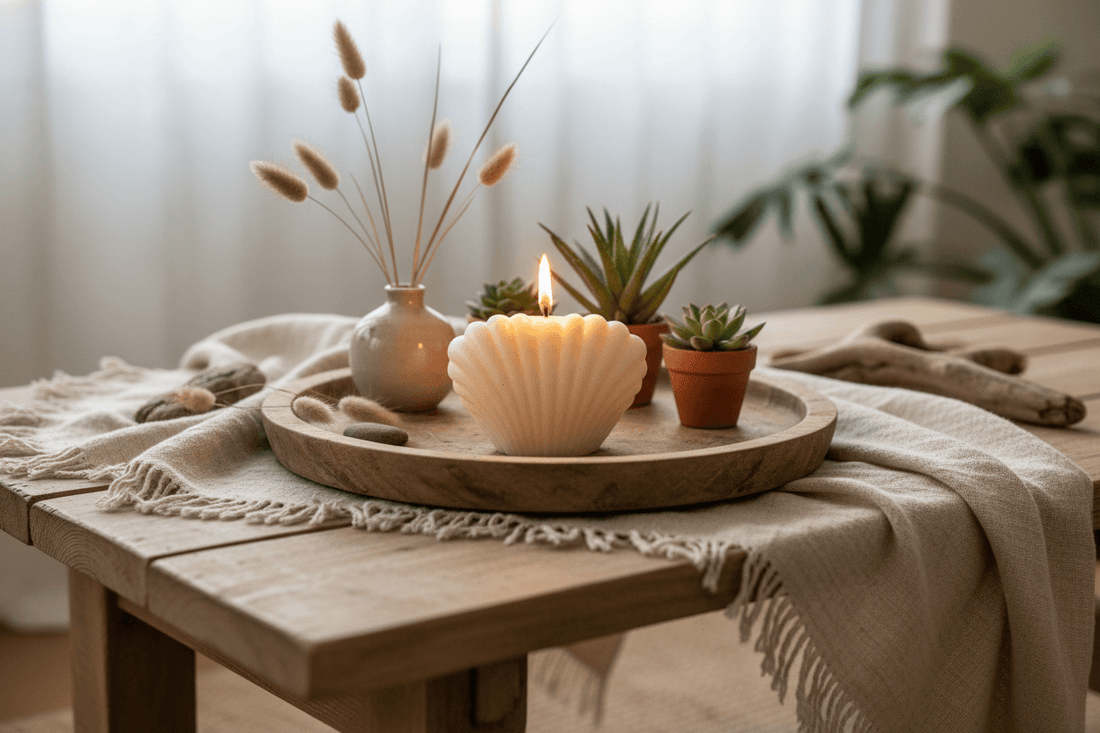 Decor & Aroma Candles on a wooden tray with plants and decorative elements in a cozy home atmosphere.