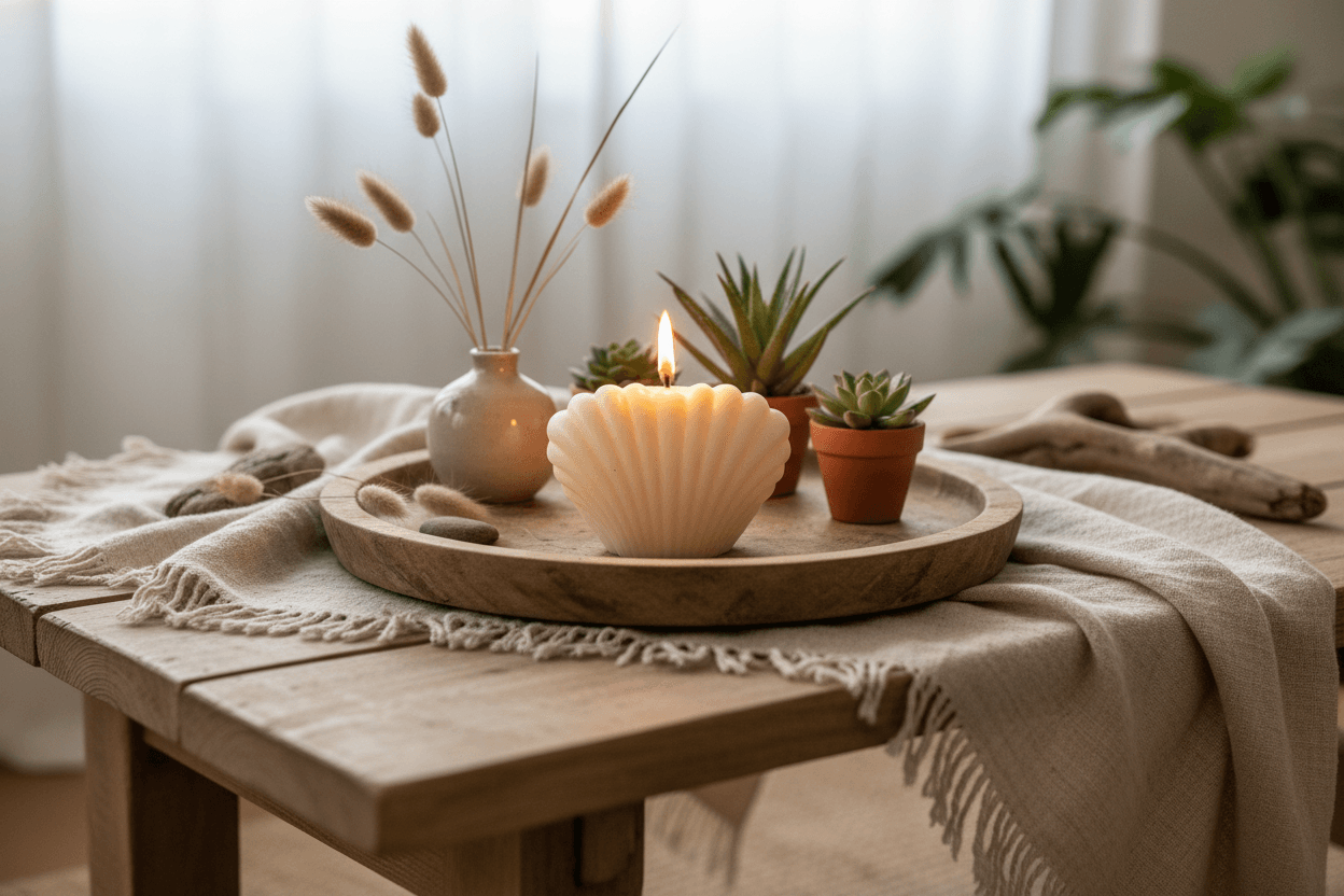 Decor & Aroma Candles on a wooden tray with plants and decorative elements in a cozy home atmosphere.