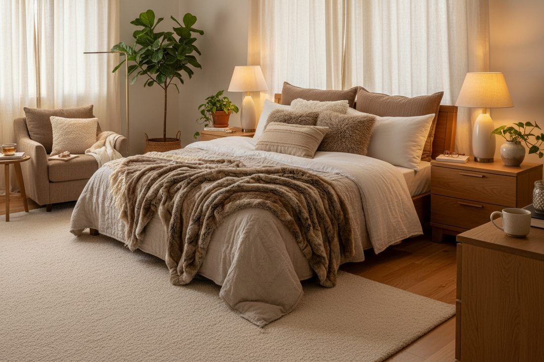 Cozy bedroom design featuring plush textures and warm lighting, illustrating how to create a cozy bedroom.