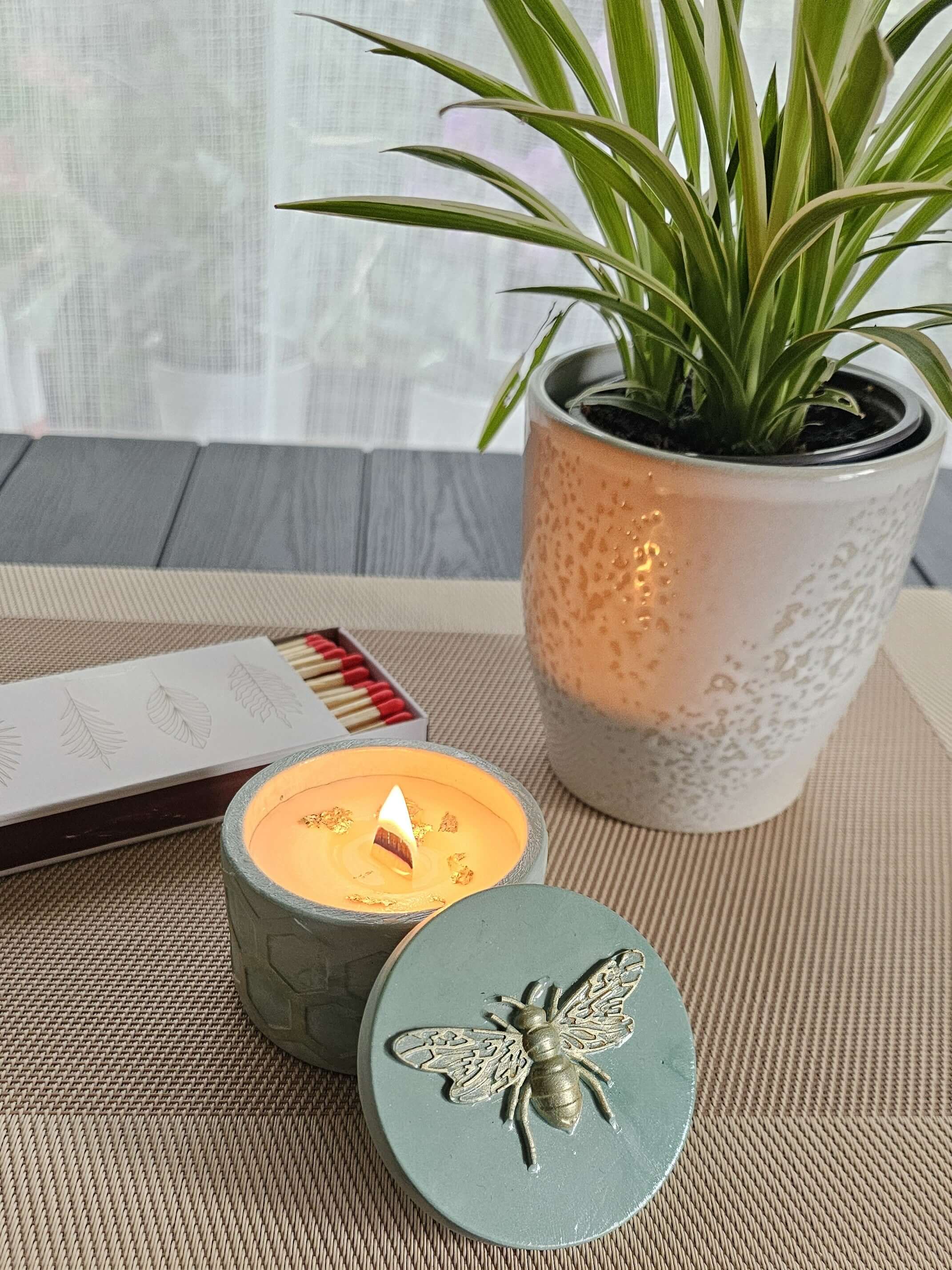 Botanical Collection artisan candle with bee design next to a potted plant, showcasing natural decor by MellowFlame.