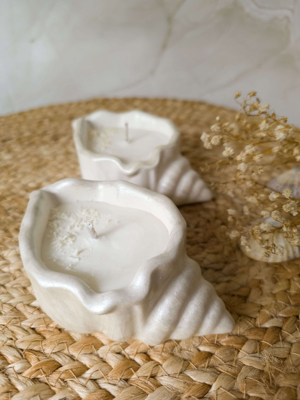 Ocean Breeze Set - Seashell Candle Duo displayed on a natural woven surface with dried flowers.