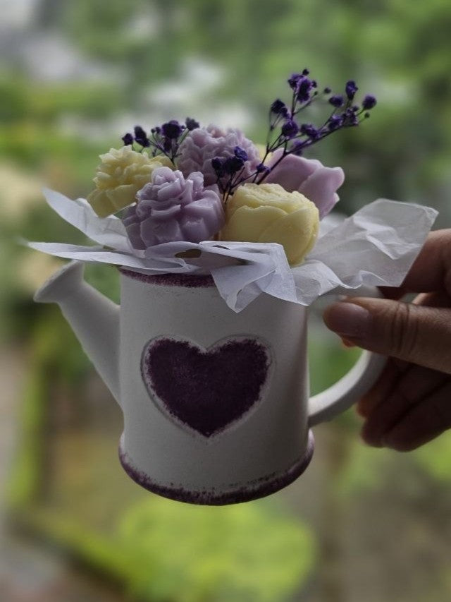 Wax Melt Bouquet in a charming ceramic watering can planter with colorful soy wax flower melts.